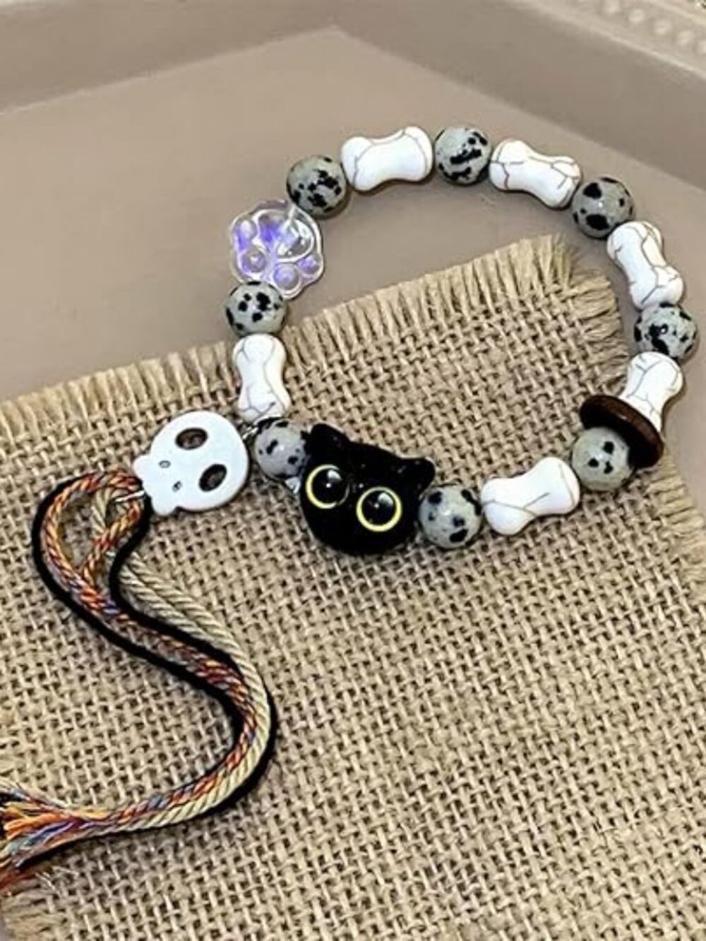 Handmade Black Cat and Skull Dalmatian Jasper Beaded Bracelet Gothic Jewelry